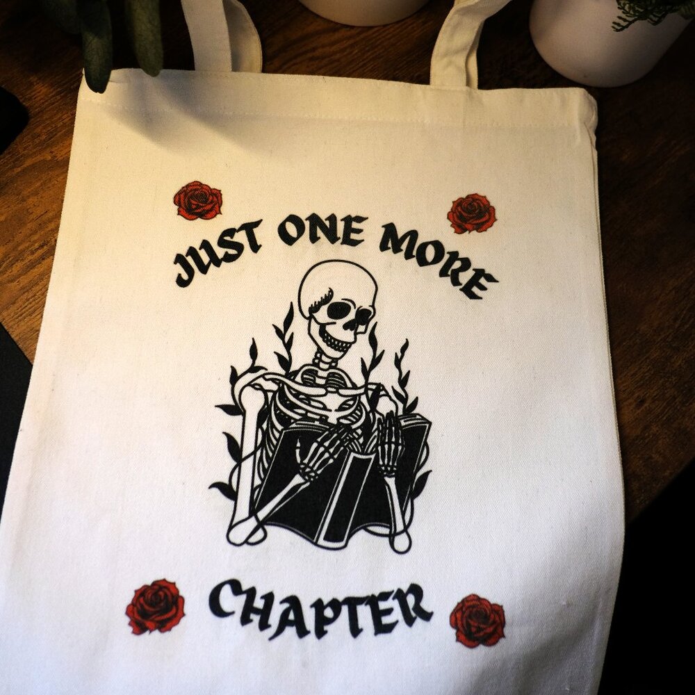 Canvas Tote Bag with Skeleton Reading, Handmade, Skull, boo basket